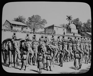 ANTIQUE Magic Lantern Slide BARODA STATE ELEPHANTS C1876 DRAWING INDIA VADODARA - Picture 1 of 2