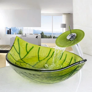 Green Leaf Washbasin Tempered Glass Vessel Sink Bathroom Waterfall Faucet Set - Picture 1 of 7