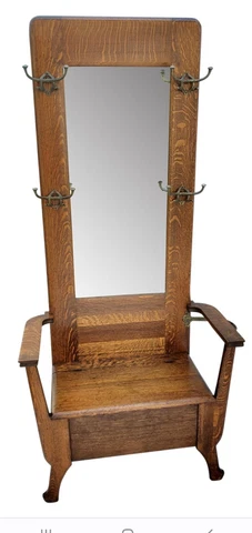 American Mission Oak Hall Seat / Hall Tree with Hooks, Mirror, & Storage Bench Cover