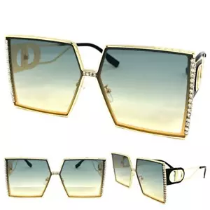 Oversized Classy Elegant Retro SUNGLASSES Big Square Bling Gold Frame Ombre Lens - Picture 1 of 6