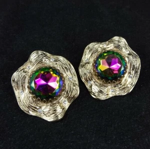 1.75" Judy Lee Vintage Heliotrope Watermelon Rhinestone Earrings Chunky Goldtone - Picture 1 of 8