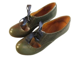 Naya Jada Anthropologie Mary Jane Heels Women 7M Dark Green Leather Ribbon Laces - Picture 1 of 15