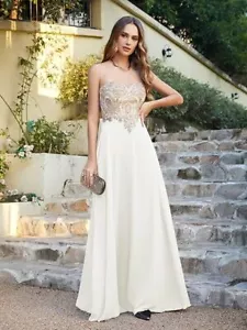 Abendkleid Chic Lang mit floralen Applikationen aus Chiffon, Weiß, XL(DE 44) - Bild 1 von 4