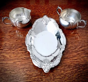 Antik/Vintage Silber auf Kupfer Milchkännchen und Zuckerdose mit Oneida SP Tablett - Bild 1 von 9