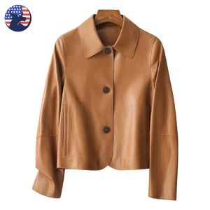 Women’s Brown Soft Lambskin Leather Cropped Jacket Shirt Collar Lightweight - Picture 1 of 5