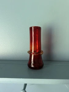 Vintage Red Crackle Glass Bud Vase With Amber Yellow Ribbon Ruffle Band 5.5” - Picture 1 of 9