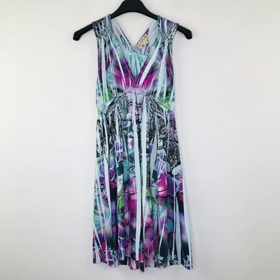 Live & Let Live S Dress Sublimation Elastic Band V Neck Paisley Stretch Blue U39 - Image 1 of 4