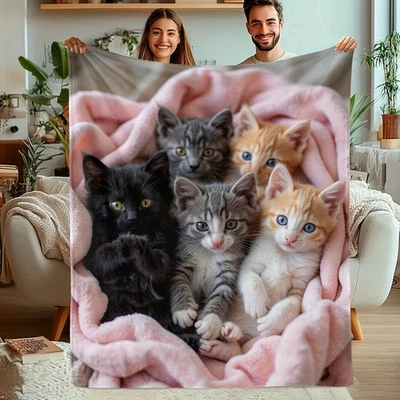 Manta de franela de felpa suave con estampado de gato 1 pieza - Acogedor tema de fantasía con 6 gatitos Foto 1 de 4