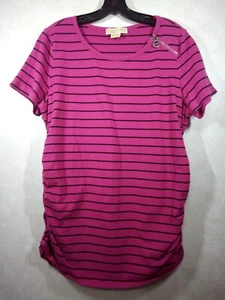 Michael Kors Top Women 1x Pink Black Stripe Rounde Neck Ruched Sides Short Sleev - Picture 1 of 9