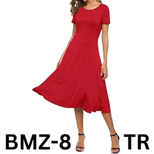 EXCHIC Women's Short Sleeve Round Neck Waisted Slim Summer Midi Dress (S, Red) - Picture 1 of 10