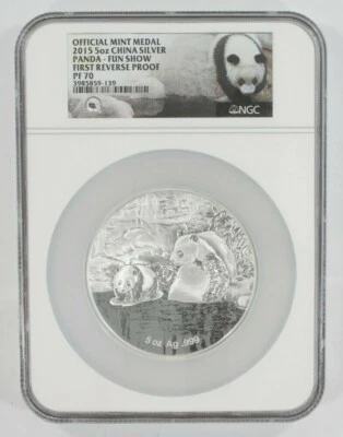 2015 5 Oz. de Plata Panda - Diversión Mostrar Graduado Por NGC Como Pf 70 Primer - Imagen 1 de 2