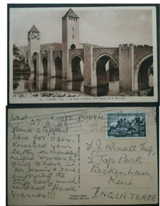 1956 France Postcard " Pont Valentré Cahors" ties 18Fr stamp to UK - Picture 1 of 3