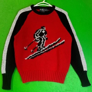 Vintage 80s Polo Ralph Lauren Wool Sweater Suicide Ski S Crewneck Black Red - Picture 1 of 5