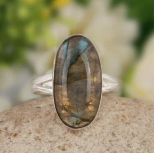 Anniversary Gift For Her Natural Labradorite Statement Huge Oval Ring 925 Silver - Picture 1 of 5