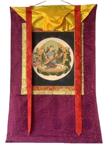 SARASWOTI GODDESS OF KNOWLEDGE/ MUSIC/ ARTS/ WISDOM PAINTING WITH SILK BROCADE - Picture 1 of 6
