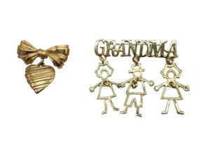 VTG Lot of 2 Goldtone GRANDMA Grandchildren Brooch Pin 1 Avon Flower Heart Gift - Picture 1 of 6