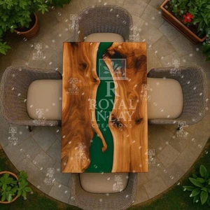 Green Epoxy River Table – Live Edge Wood Patio Dining Table for Outdoor Luxury - Picture 1 of 13