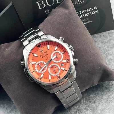 宝路华Marine Star 96B395橙色表盘不锈钢石英表男士腕表43毫米 — 第 1/4 张图片