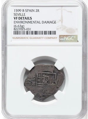 Moneda Antigua Plata Colonial Española 2 Reales Cob FECHADA 1599 NGC VF Pirata Sevilla B Foto 1 de 2
