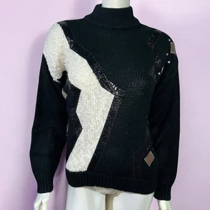 90s Maggie Lawrence Black & White Abstract Geometric Mock Neck Sweater Size S/M - Picture 1 of 11