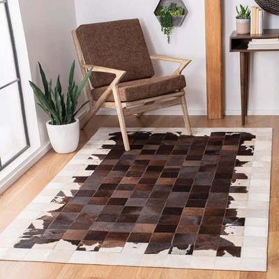 Hand Woven Natural Cowhide Hair on Patch Work Leather Modern Carpet Room B-08 - Image 1 of 4