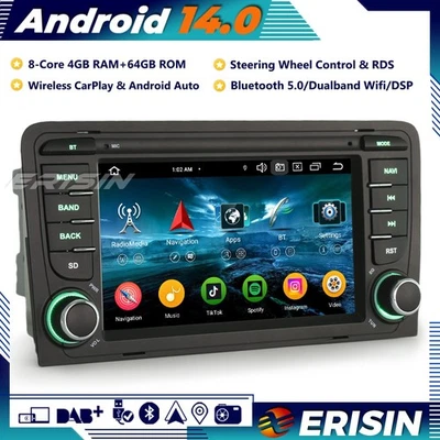 8-Core DAB+Android 14 Autoradio GPS CarPlay USB OBD2 For AUDI A3 S3 RS3 RNSE-PU - Immagine 1 di 4