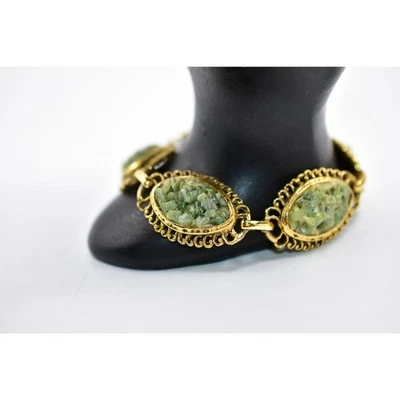 Pulsera Vintage Vidrio Prensado Piedra Verde Rocas Antiguas Cobre Sólido Oro BinD Foto 1 de 4