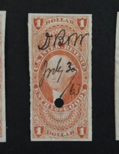 US Revenue Stamp R67a $1 Entry of Goods Imperforate First Issue 1862-1871 #2 - Picture 1 of 2