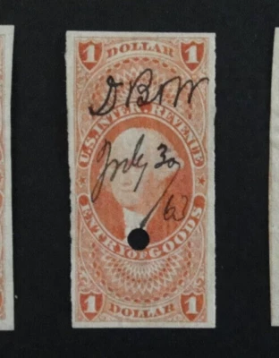 US Revenue Stamp R67a $1 Entry of Goods Imperforate 1st Issue 1862-1871 #2 - Image 1 of 2
