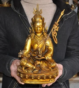 12" Antiguo Budismo Tibetano Bronce Dorado Guru Padmasambhava Rinpoche Buda Estatua - Imagen 1 de 8