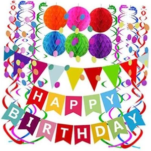 Fecedy Happy Birthday Banner with Paper Flag Bunting Paper Circle Colorful - Picture 1 of 8