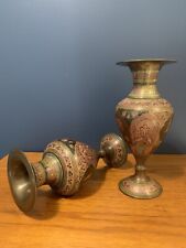 Pair Vintage Indian Decorative Brass & Enamel Vases Flowers & Sailing Boats