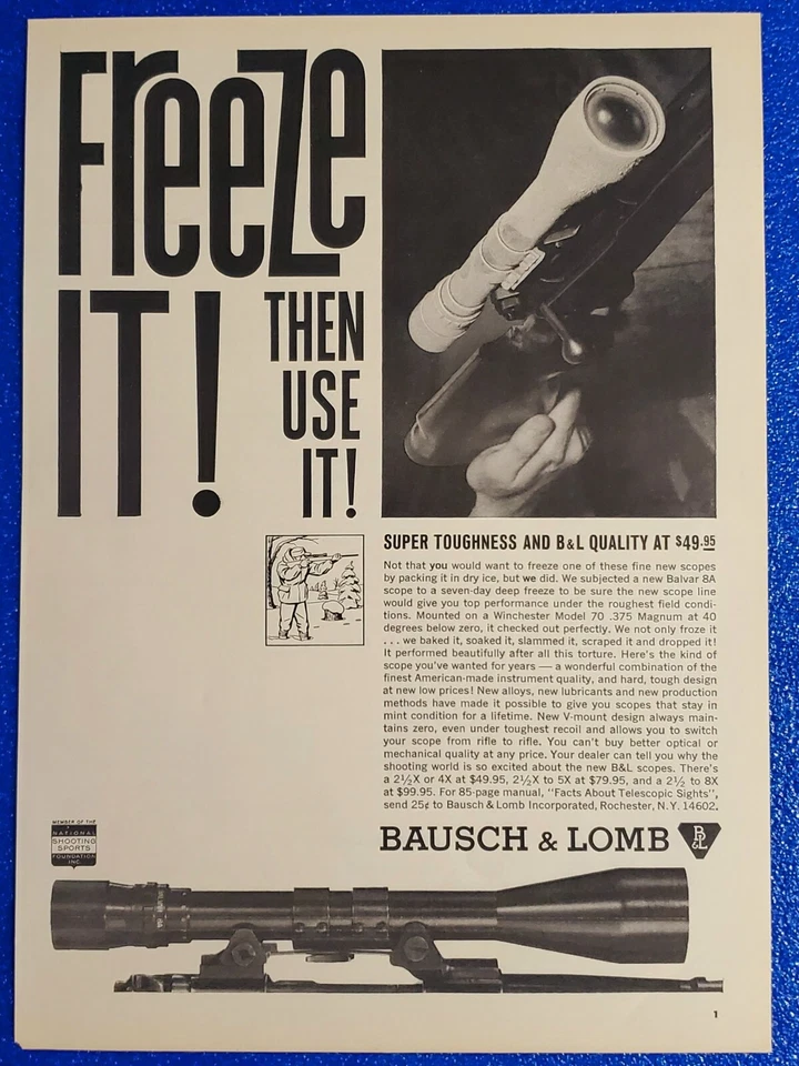 Mira para rifle de caza Bausch & Lomb 1964 armas de fuego anuncio impreso "congelarlo y luego utilizarlo" Foto 1 de 1