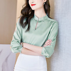 Vintage Button Stand Collar Silk Shirt Women Business Office Casual Tops Blouses