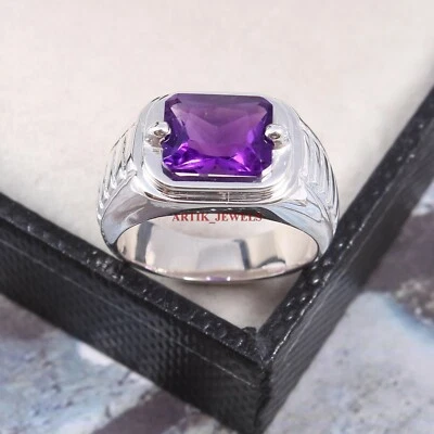 Natural Amethyst Gemstone with 14K White Gold Plated Silver Ring for Men's #176 - Image 1 of 4