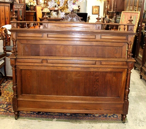 French Antique Carved Oak Henry II Queen Size Bed Cover