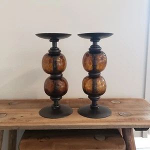 Kerzenhalter (2) Braunglas gestapelte Kugeln & Metalldekor Mexiko 8,5" hoch - Bild 1 von 9