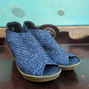 Bernie Mev Women's Wedge Booties Sz 37 Peep Toe Blue Comfort Slip On - Picture 1 of 10