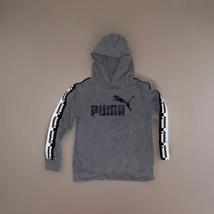 Puma Tape Boys Small 6 - 7 Gray Hooded Pullover Sweatshirt Tape Logo Black Cat - Picture 1 of 5
