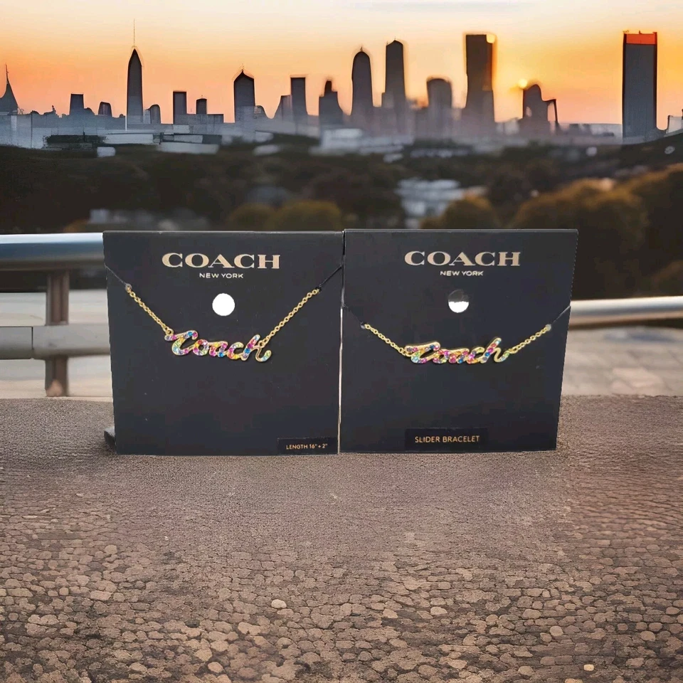 Coach Multicolor Rainbow Signature Script Gold Tone Glass Rhinestone Necklace