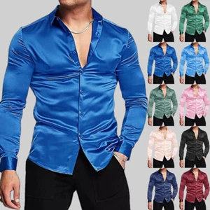 Mens Satin Silk Button Shirt Long Sleeve Solid Wedding Dancing Casual Tops Dress - Picture 1 of 30
