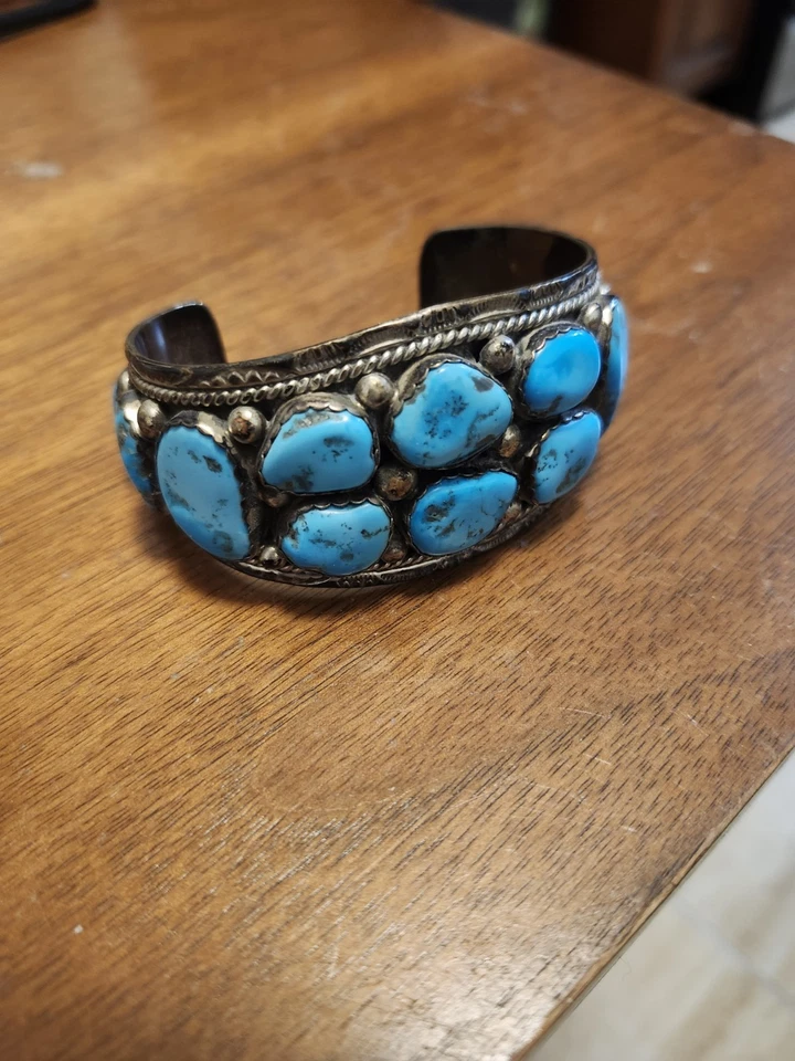 Vintage Navajo Manschette 12 große blaue Türkis Sterlingsilber Indianer  - Bild 1 von 4