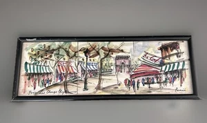Tableau ancien encadré carrelage peint main thème Renée Paris Les Champs Elysées - Photo 1/4