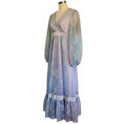 Vintage 1950s 50s Retro Pastel Blue White Tulle Ruffle Long Sleeve Maxi Dress - Image 1 of 4