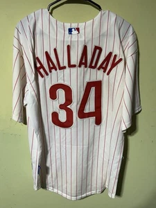 Roy Halladay MLB Phillies Majestic coolbase sewn pinstripe jersey HK Patch XL 52 - Picture 1 of 5