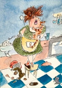 NEW!ACEO Original Painting Watercolor OOAK , Cat Lady, Woman, catlover, portrait - Picture 1 of 5