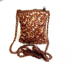 Small Copper Sequin/Bead Coin Purse 23" Braid Bead Strap 4"x3.5" - Picture 1 of 4