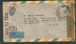 Brazil 1945 WWII DF 242 & multiple censors cover Warner Brothers to MacDonald NY - Picture 1 of 2