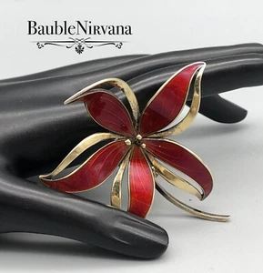Vintage Hroar Prydz Gold Vermeil Sterling Silver & Red Enamel Flower Pin Brooch - Picture 1 of 6