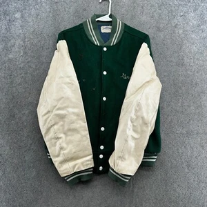 VINTAGE Varsity Jackets Mens Large Green Beige Leather Wool Bomber Coat USA 90s - Picture 1 of 17